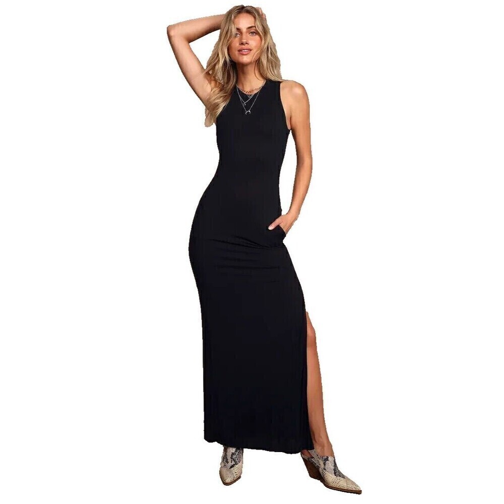Lulus Shield and Sword Womens Size M Black Sleeveless Maxi Dress With Pockets E2